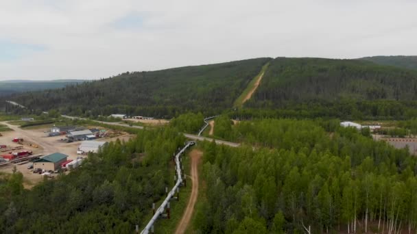 Drone Video Trans Alaska Pipeline Crossing Roadway Fairbanks Sunny Summer — Stok Video