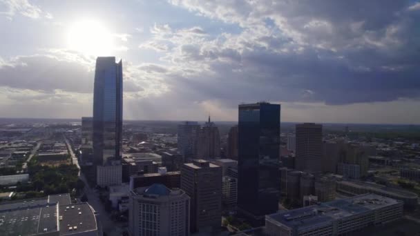Drone Footage Downtown Oklahoma City Sunset Clouds Fill Blue Sky — Stock Video