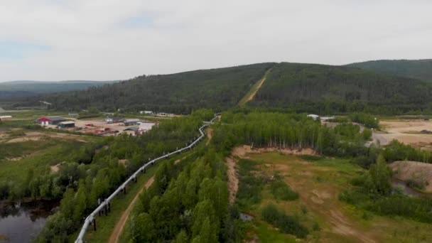 Drone Video Trans Alaska Pipeline Crossing Roadway Fairbanks Sunny Summer — Stok Video