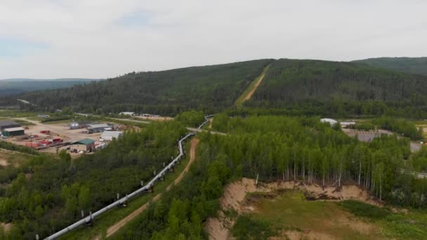 Drone Video Trans Alaska Pipeline Crossing Roadway Fairbanks Podczas Słonecznego — Wideo stockowe
