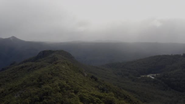 Aerial Drone Repül Egy Erdős Gerincvonal Közelében Cradle Mountain Tasmania — Stock videók