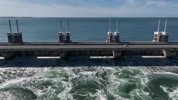 Aerial Trucking Shot Cars Driving Zeeland Bridge Dam Sunny Day — Stock Video