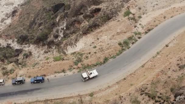 Truck Passes Three Parked Roads Narrow Winding Asphalt Road Mountains — Stock Video