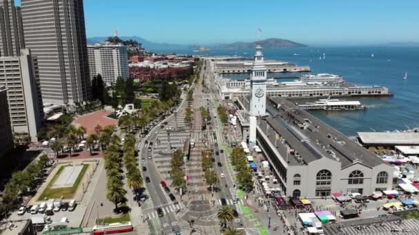 Vista Aérea Embarcadero Road Con Ferry Building Puerto San Francisco — Vídeos de Stock