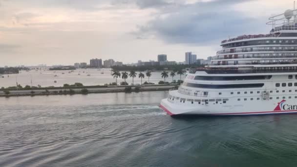 Huge Luxury Cruise Ship Sailing Port Miami Cause Way Road — 비디오