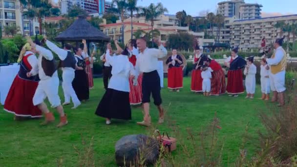 一群笑容满面的人在公共场合表演葡萄牙传统舞蹈 白莲荷 马德拉 — 图库视频影像