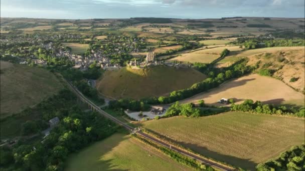 Vedere Aeriană Uimitoare Satului Castelului Corfe Din Purbecks Dorset Anglia — Videoclip de stoc