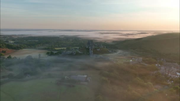 Восход Солнца Замке Корф Дорсете Англия Вид Воздуха — стоковое видео