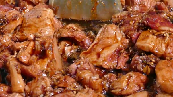 Pork Stew Boiling Dark Soy Sause Gravy Close — Stock Video