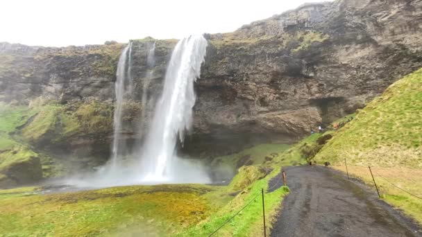 Cascada Seljalandsfoss Islandia Cámara Lenta Río Glacial Famoso Caída Día — Vídeo de stock