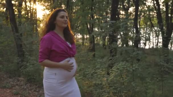 Schwangere Blickt Beim Waldspaziergang Als Übung Voraus Die Sonne Geht — Stockvideo