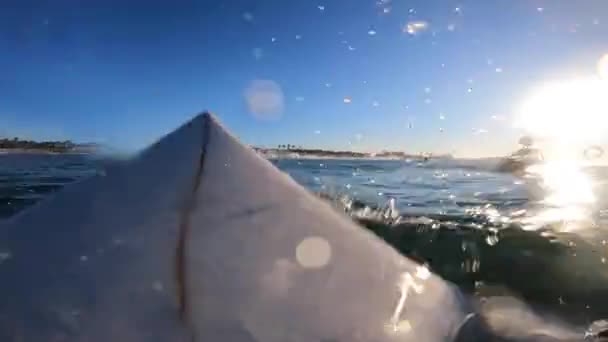 Pov日の出の青い海の波にサーフィン スローモーション ビッグ ウェーブ サーフィンInレッドショーツ 右下にドロップします 夏の楽しいライフスタイル 極端なスポーツ ポルトガルのカルカベロスビーチ — ストック動画