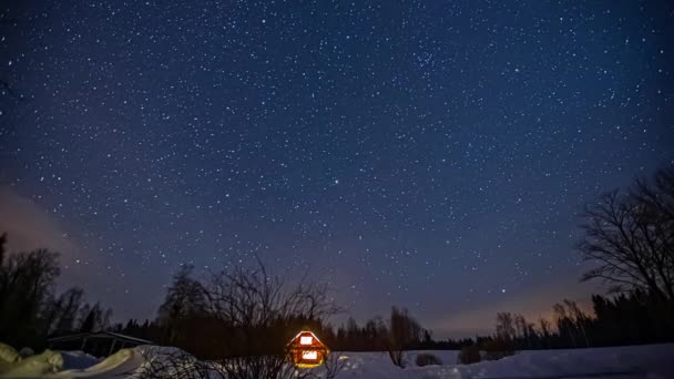 Static Shot Wooden Cabin Surrounded Thick Layers Snow Stars Moving — Stock Video