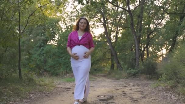 Embarazada Mamá Feliz Explorando Bosque Sendero Serpenteando Alrededor Raíces Acariciando — Vídeo de stock