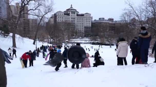 Slow Motion Sleddders Climbing Hill Central Park Νέα Υόρκη — Αρχείο Βίντεο