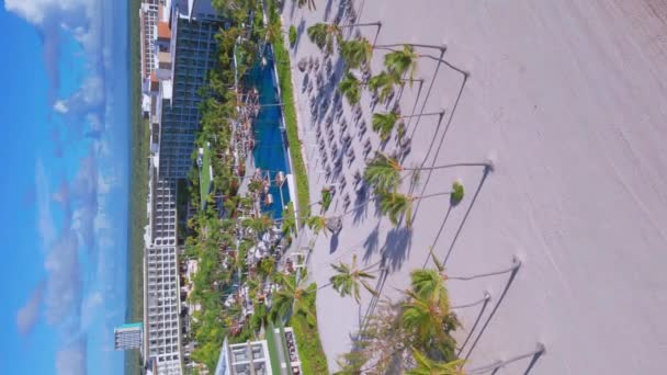Повітряний Рейс Через Піщаний Пляж Пальмами Розкішним Сучасним Багатоквартирним Готелем — стокове відео