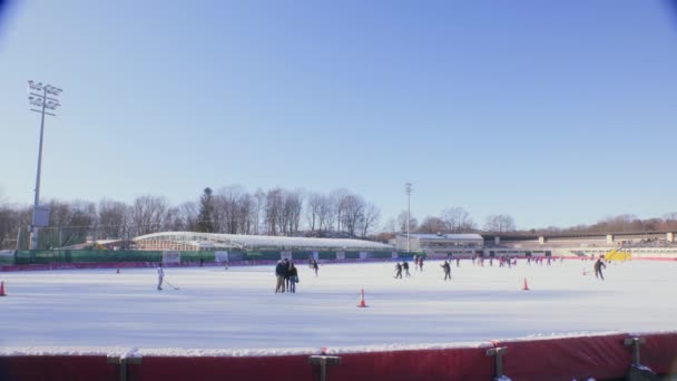 Young Adults Teenagers Ice Skating Playing Hockey Frogner Park Oslo — Stock Video