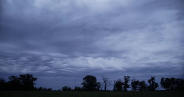 Baumsilhouette Vor Blauem Himmel Und Regenwolken Abend Auf Ackerland Bauernhof — Stockvideo
