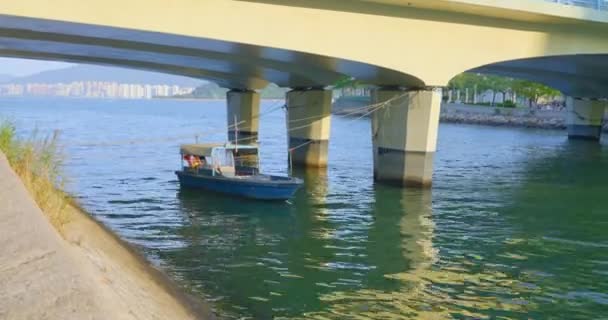 Pequeño Muelle Debajo Puente Durante Día Una Zona Urbana — Vídeos de Stock