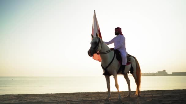 Seorang Ksatria Menunggang Kuda Memegang Bendera Qatar Dekat Laut — Stok Video