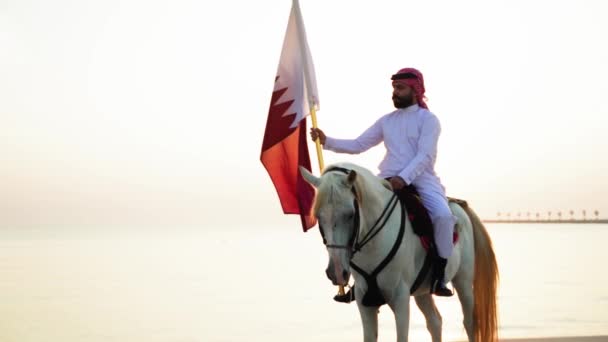 スローモーションでカタールの旗を保持している馬の騎士 — ストック動画