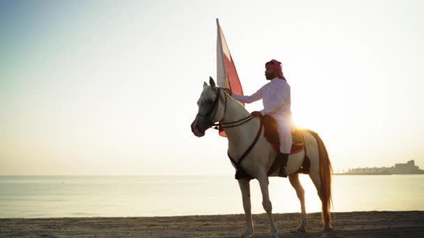 Cavaleiro Cavalo Segurando Bandeira Qatar Perto Mar — Vídeo de Stock