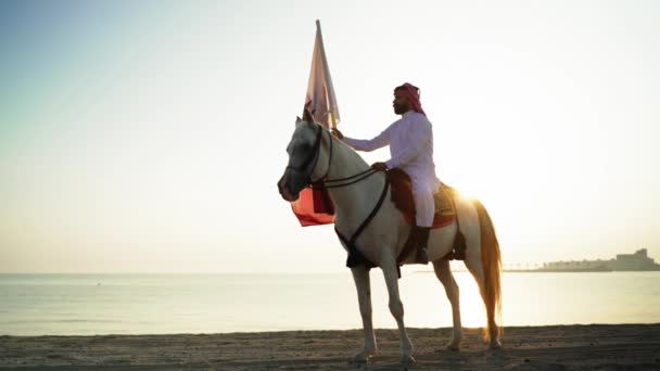 一位骑士骑着马在海边高举卡塔尔国旗 — 图库视频影像