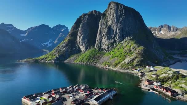 Flygfoto Efter Båt Lämnar Hamnoy Fiskeby Soligt Sommardag Lofoten Norge — Stockvideo