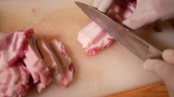 Hand Glove Cut Pork Belly Pieces Chopping Board Close — Stock Video