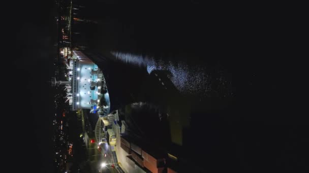 夜にサントドミンゴの港で大型船のドッキングの空中垂直ショット — ストック動画