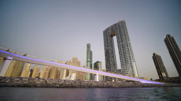 Futuristic Dubai Waterfront Illumination Bluewaters Pedestrian Bridge Modern Waterfront Skyscrapers — Stock Video