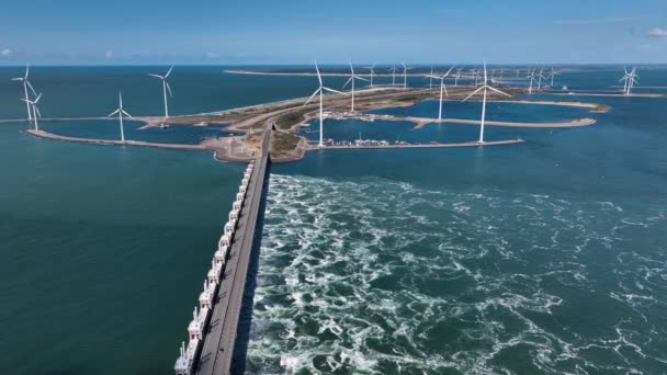 Oosterschelde Storm Surge Barrier Delta Works Wind Turbines Aerial — Stock Video