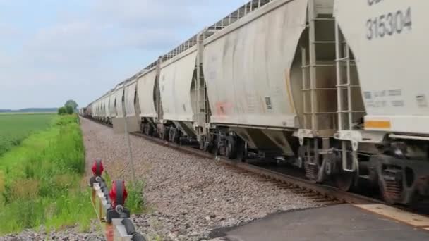 Λευκά Σιδηροδρομικά Αυτοκίνητα Που Πλησιάζουν Σιδηροδρομική Διάβαση Αγροτική Περιοχή Οδόφραγμα — Αρχείο Βίντεο