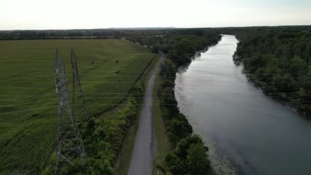 Electricity Power Lines Going River Water Countryside Drone Aerial — Stock Video