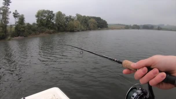 ヴォー州のスイス湖で釣りをする漁師木の境界線です — ストック動画