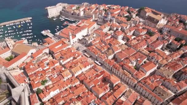Légi Kilátás Dubrovnik Óvárosi Épületek Kikötő Sunny Nyári Napon Drone — Stock videók