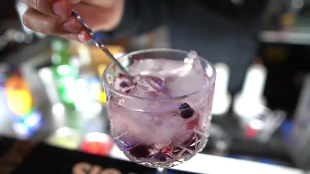 黑莓鸡尾酒加冰块 柠檬和樱桃 — 图库视频影像