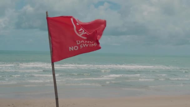 Close Warning Flag Beach Red Flag Sways Wind Swiming Zone — Stock Video