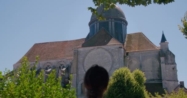 Hembra Observando Aves Volando Cerca Saint Quirace Ciudad Provins Vista — Vídeos de Stock