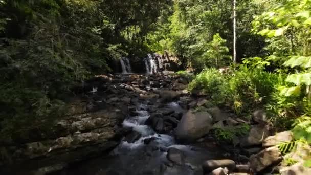 Rasante Vergrößerung Anflug Auf Eine Vierköpfige Abenteurer Familie Einem Wasserfall — Stockvideo
