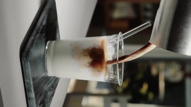 Vertical Video Home Barista Making Iced Latte Pouring Espresso Shot — Stock Video
