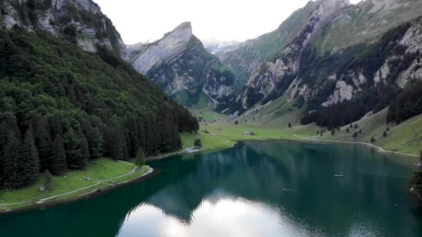在瑞士阿彭策尔湖的塞雷普斯湖的水面上空盘旋 映照着湖上的阿尔普斯泰因峰 倒转着向岸边飞去 — 图库视频影像