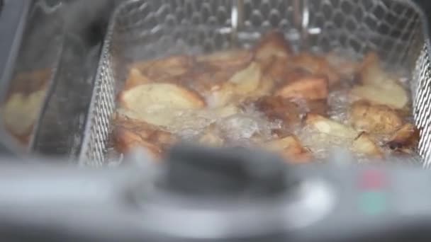 Kızartma Makinesinde Kızaran Patatesler Kızgın Yağla Buhar Yükseliyor Kapat — Stok video