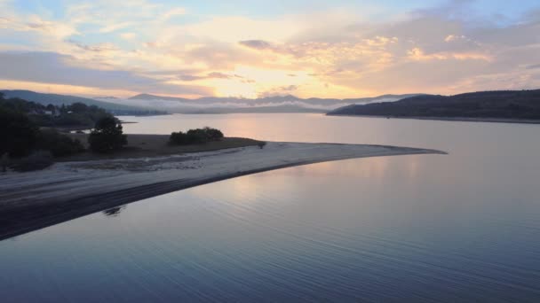 Aerial Drone Shot Sunset Lake Reflection Sky Twilight Beach Nature — Stock Video