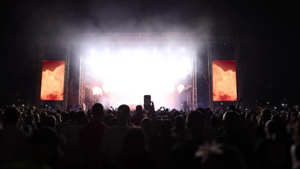 Noite Rock Concerto Primeira Fila Multidão Torcendo Câmera Lenta Luzes — Vídeo de Stock