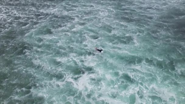 サンビセンテ バルケラのプラヤメロンビーチで大きな波を泳いでいるサーファーの空中ドローンショット Oyambre自然公園 カンタブリア海 スペイン ヨーロッパ 4Kサーフィンビデオ — ストック動画