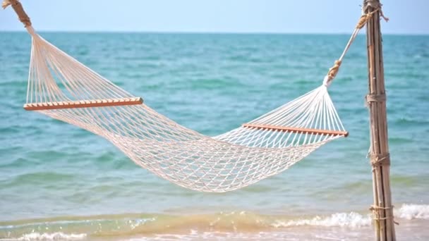 Tomma Hammock Mellan Polacker Sandy Beach Tropical Island Närbild — Stockvideo