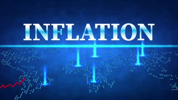 Steigende Inflation Das Wort Inflation Auf Blauem Hintergrund Weltkarte Aufsteigende — Stockvideo