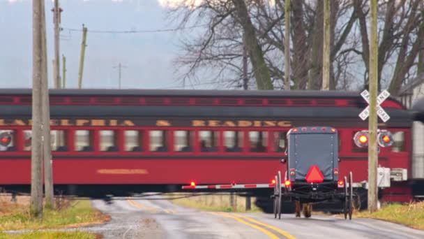 Een Amish Horse Buggy Nadert Een Spoorwegovergang Als Een Antieke — Stockvideo