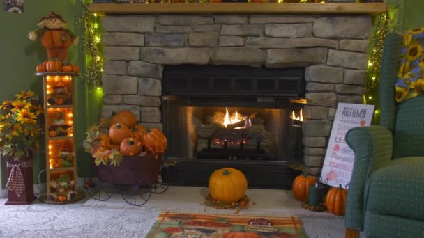 View Fireplace Fire Going All Decorated Autumn Pumpkins Scarecrows Fall — Stock Video